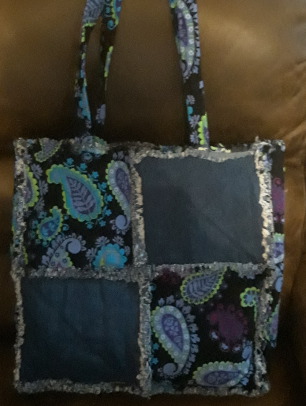 Casual Rag Quilt Tote Bag in Black with Blue & Purple Paisley